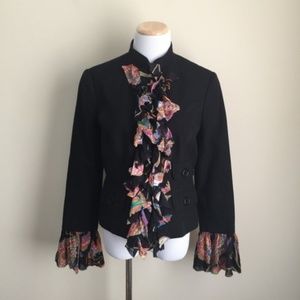 Trina Turk black floral gauze ruffle blazer